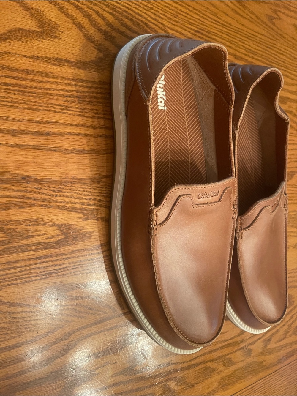 OluKai Tan/Brown Leather Slip-On Loafers - Picture 3 of 6